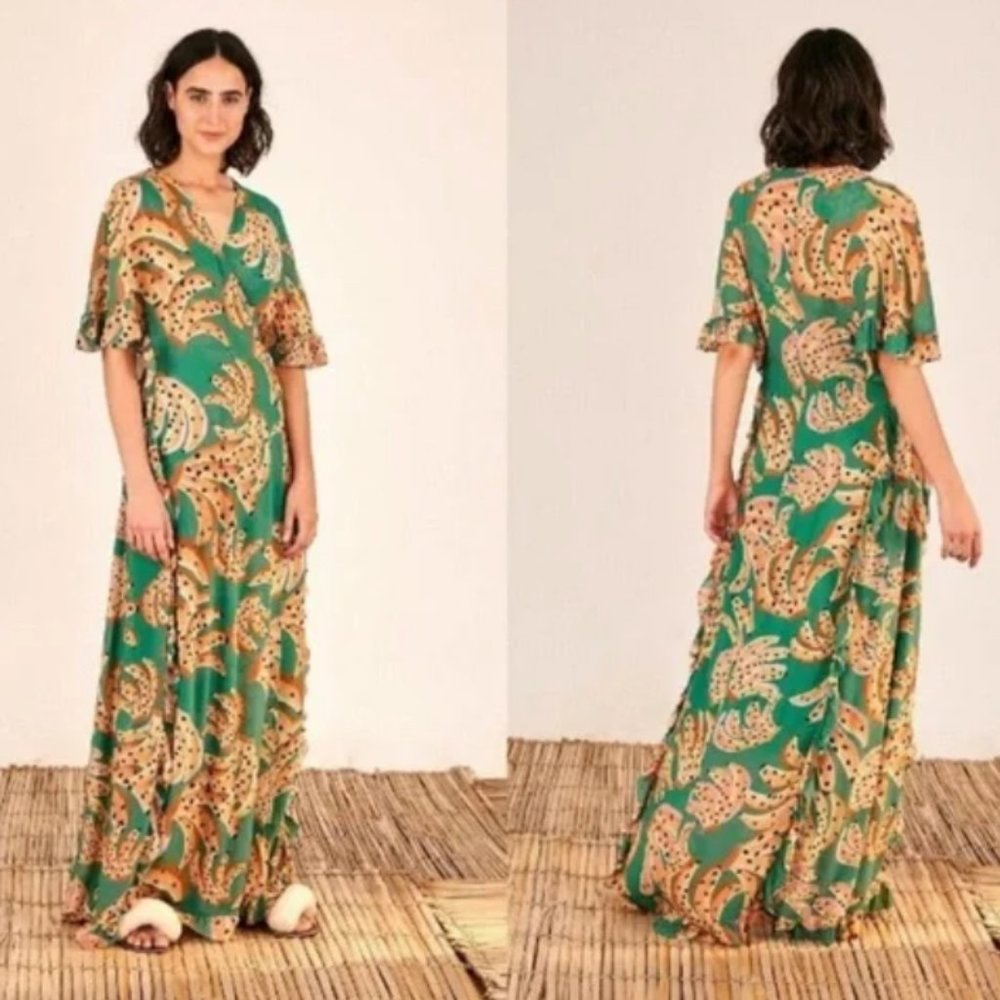 FARM Rio Green Raining Bananas Maxi Wrap Dress Size S - Picture 2 of 3